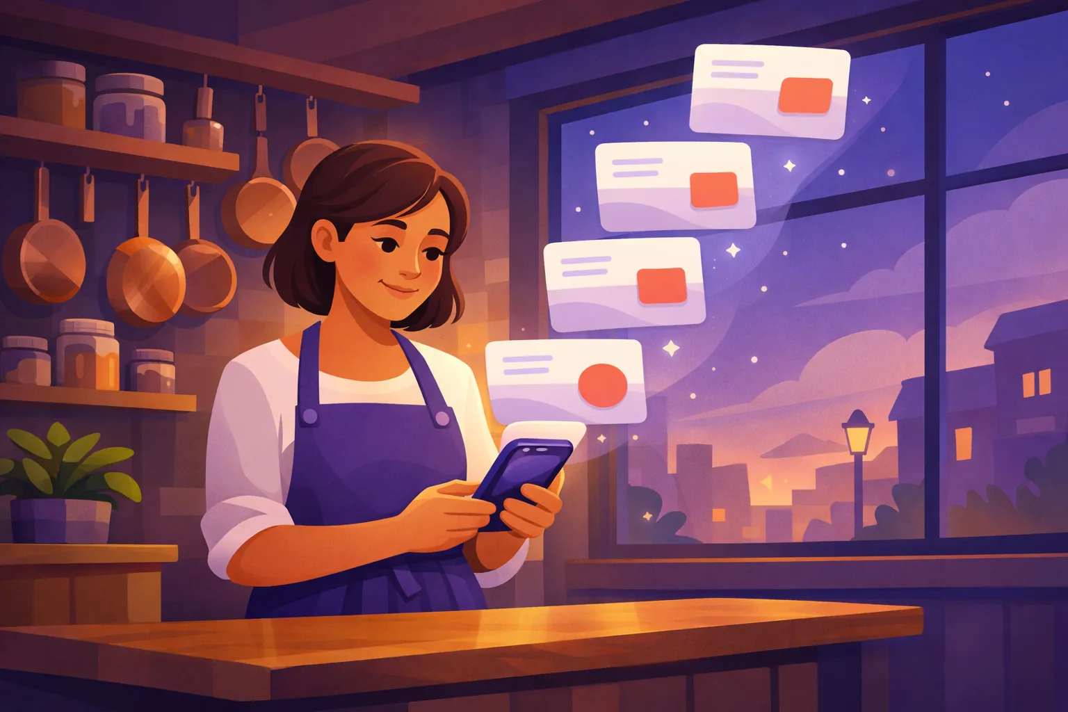 Restaurant owner posting a month of Google Business Profile updates from her phone at the counter of her trattoria