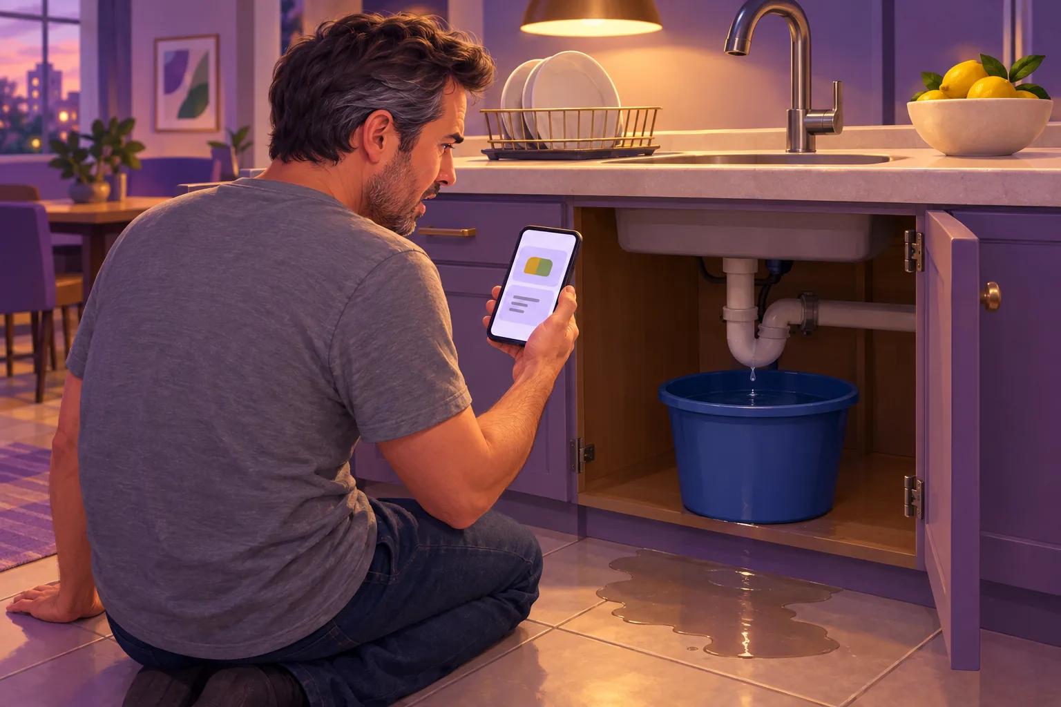 Homeowner kneeling by a leaking kitchen sink with a bucket, comparing two service company profiles on his phone