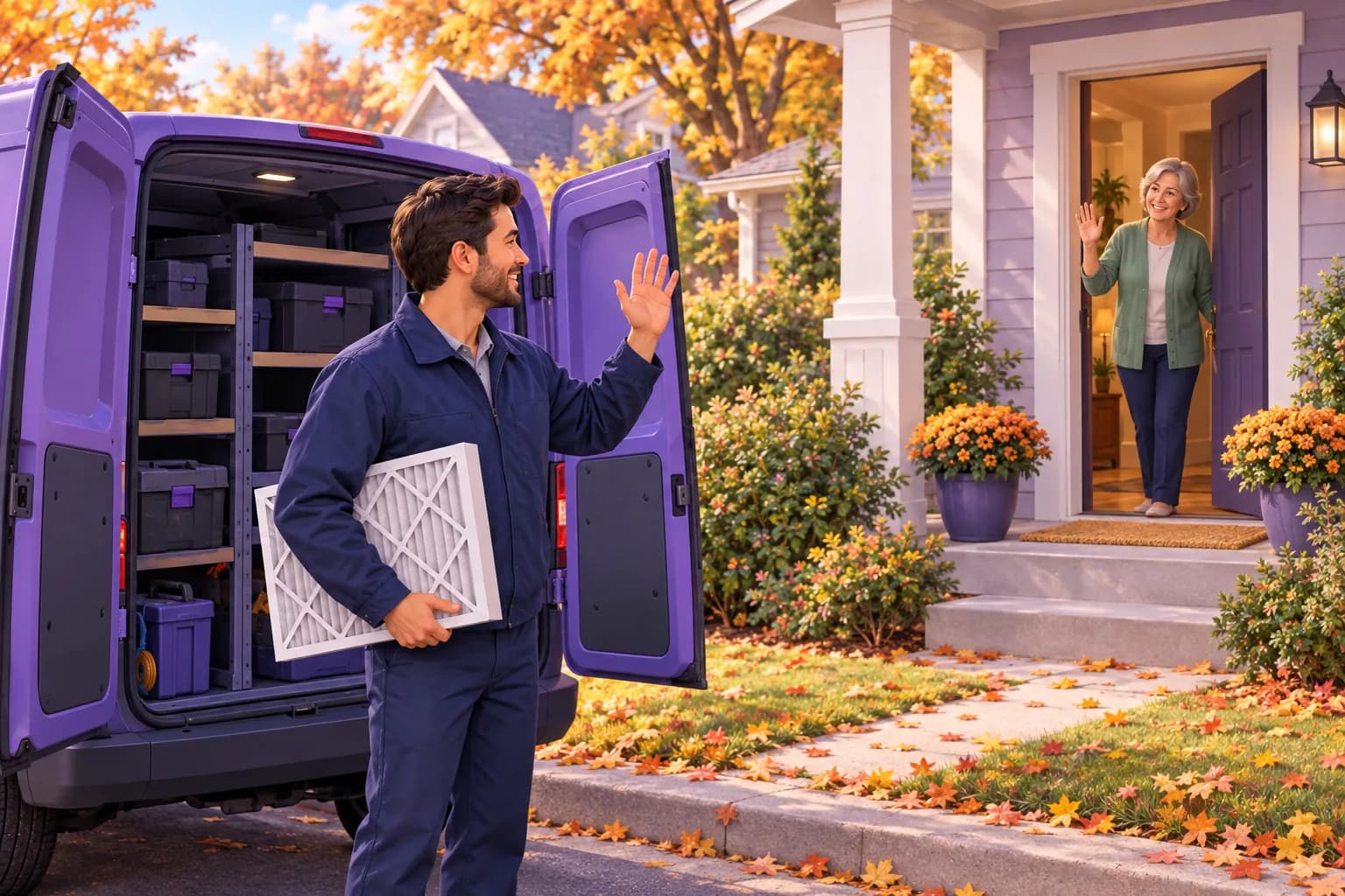 HVAC technician beside his van on an autumn morning, greeting a homeowner standing at her front door