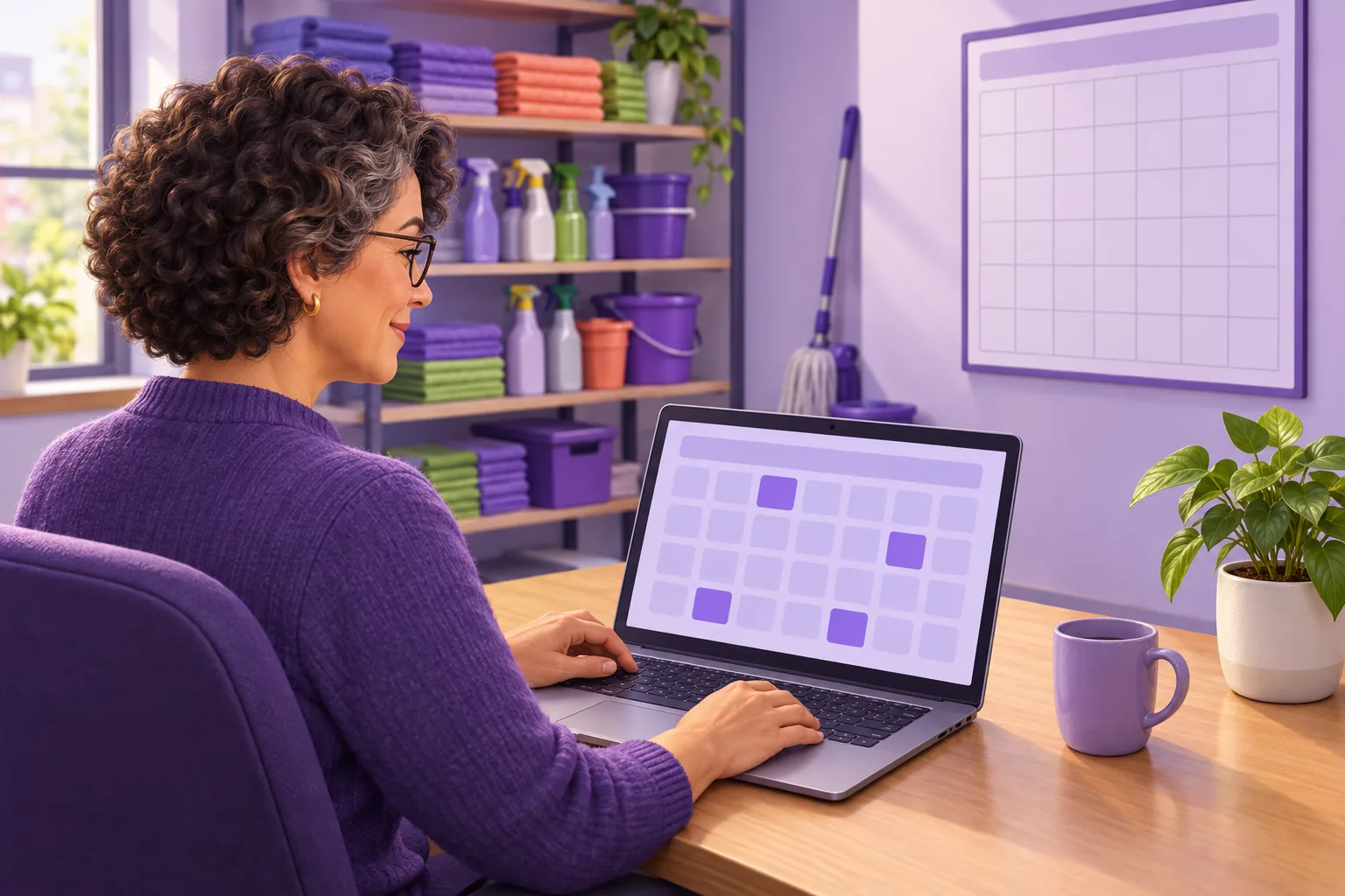 Cleaning company owner at her desk planning the month's posts on a laptop, a wall calendar behind her