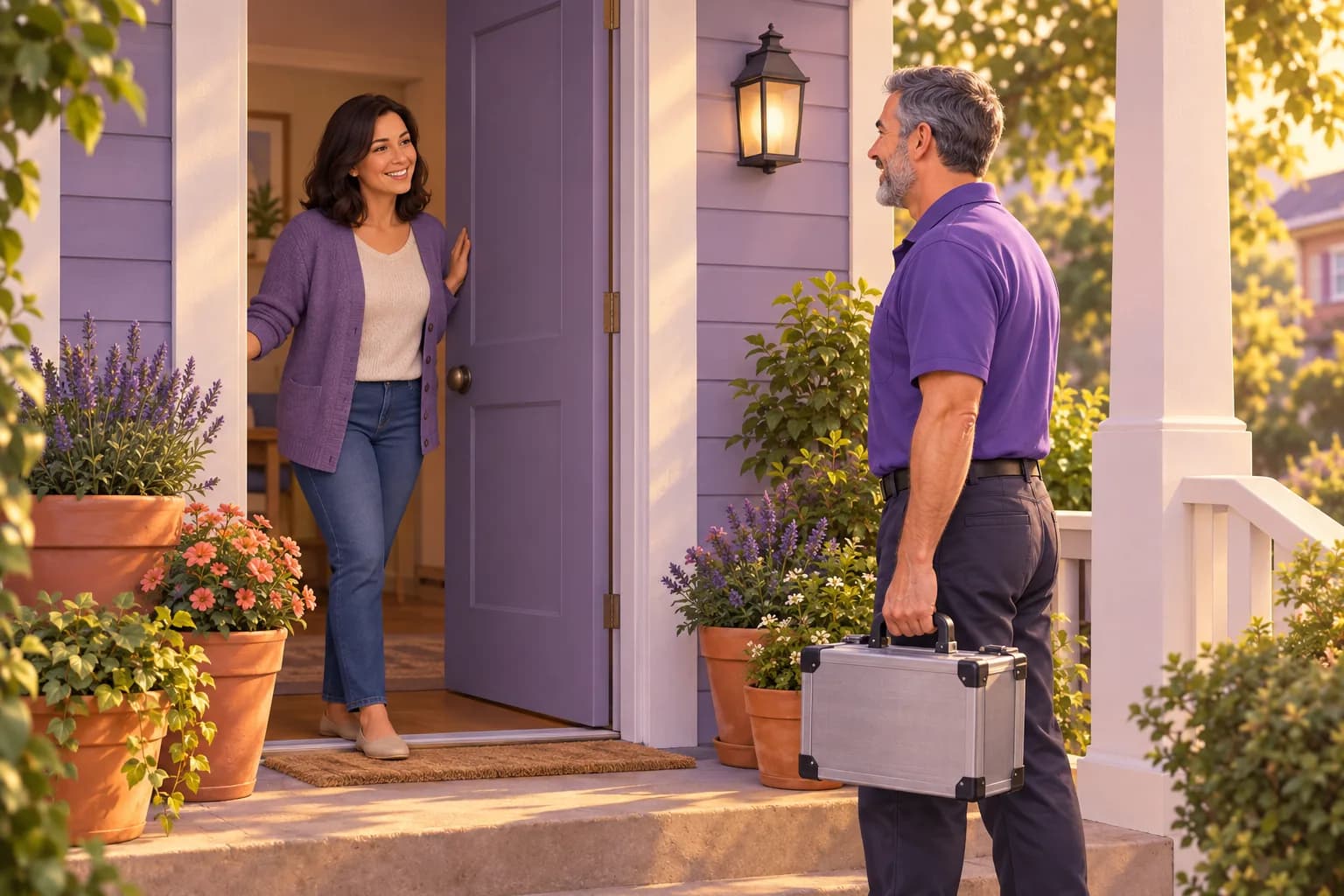 Homeowner opening her front door to a smiling locksmith arriving with his tool case