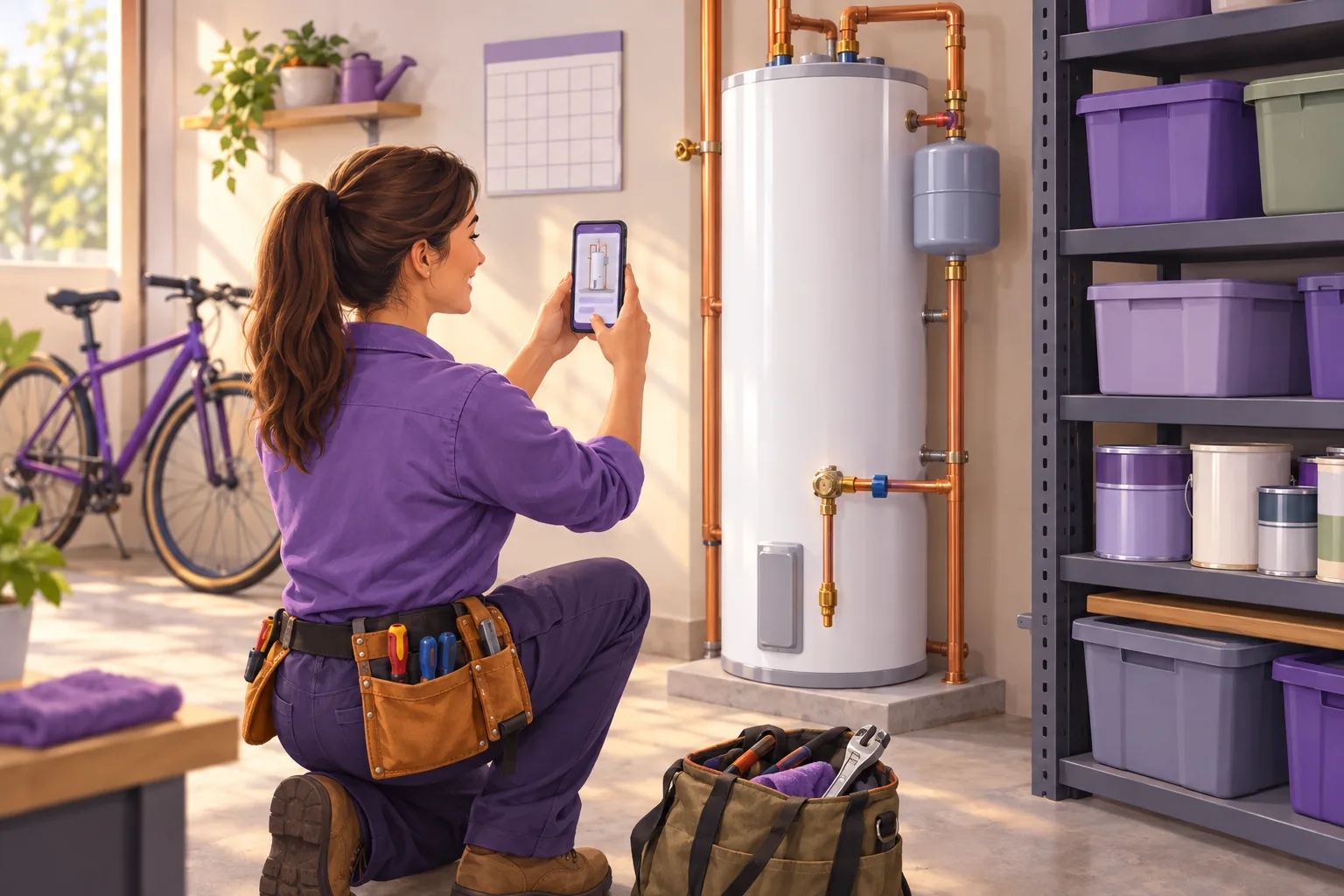 Plumber kneeling beside a newly installed water heater, photographing the finished job with her phone for a Google post