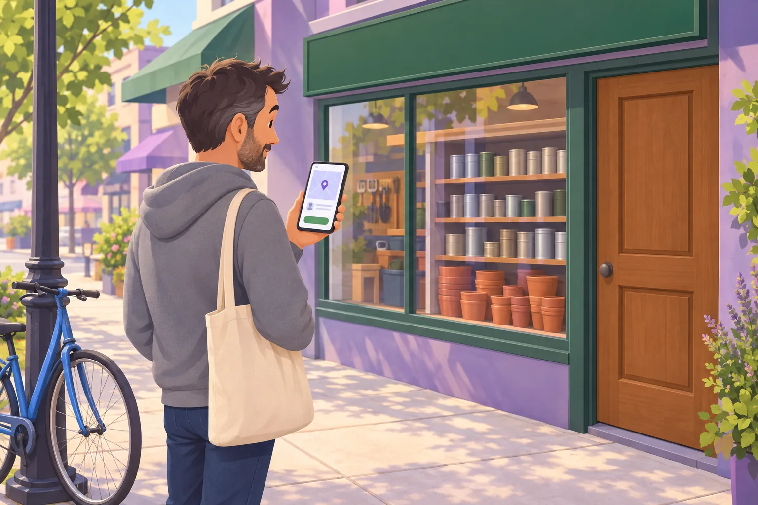 Man on a sidewalk outside a hardware store, reading a map listing on his phone before deciding to go in