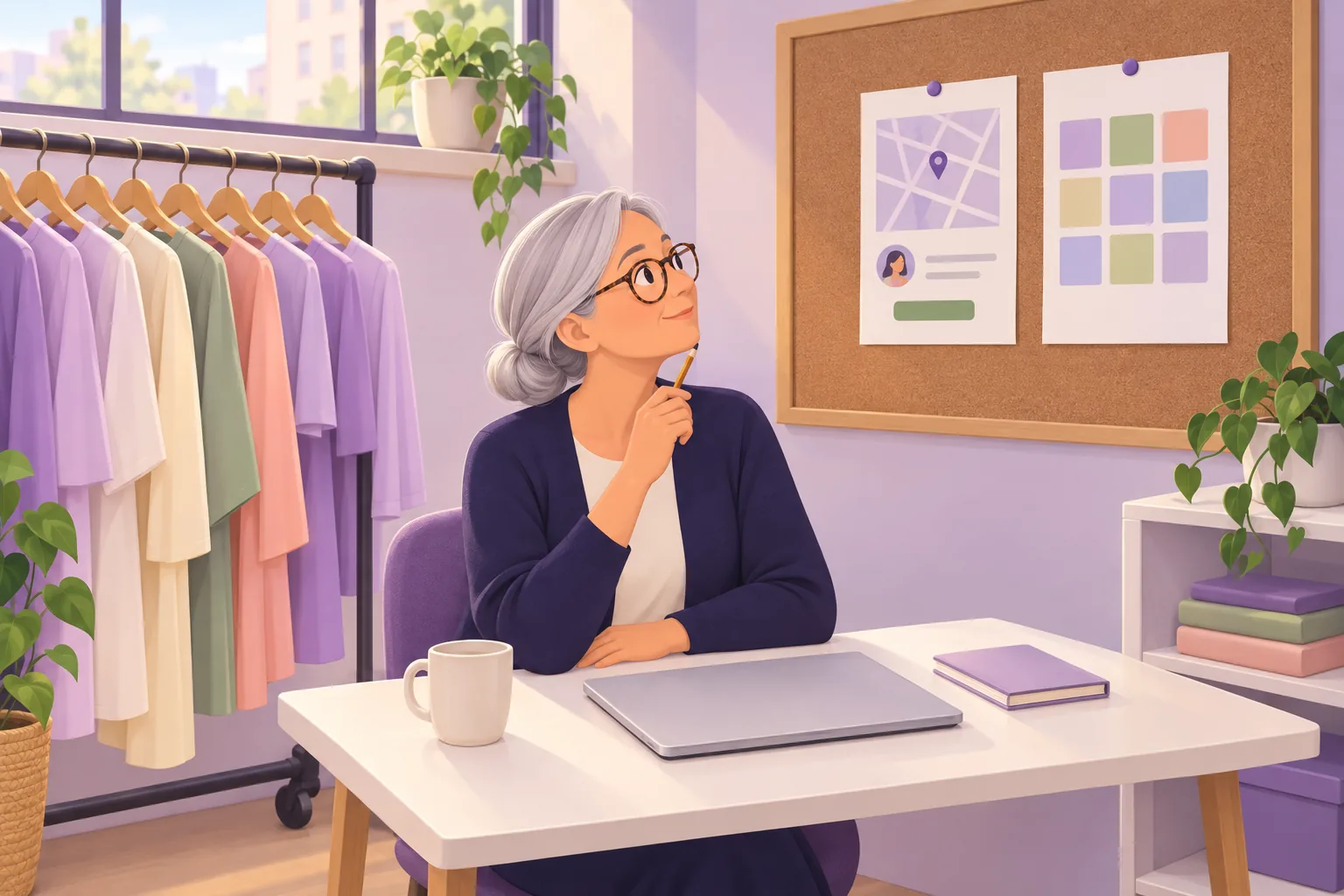 Boutique owner at her desk comparing two sheets pinned to a corkboard, one holding a single card with a green button and the other a grid of nine photo squares