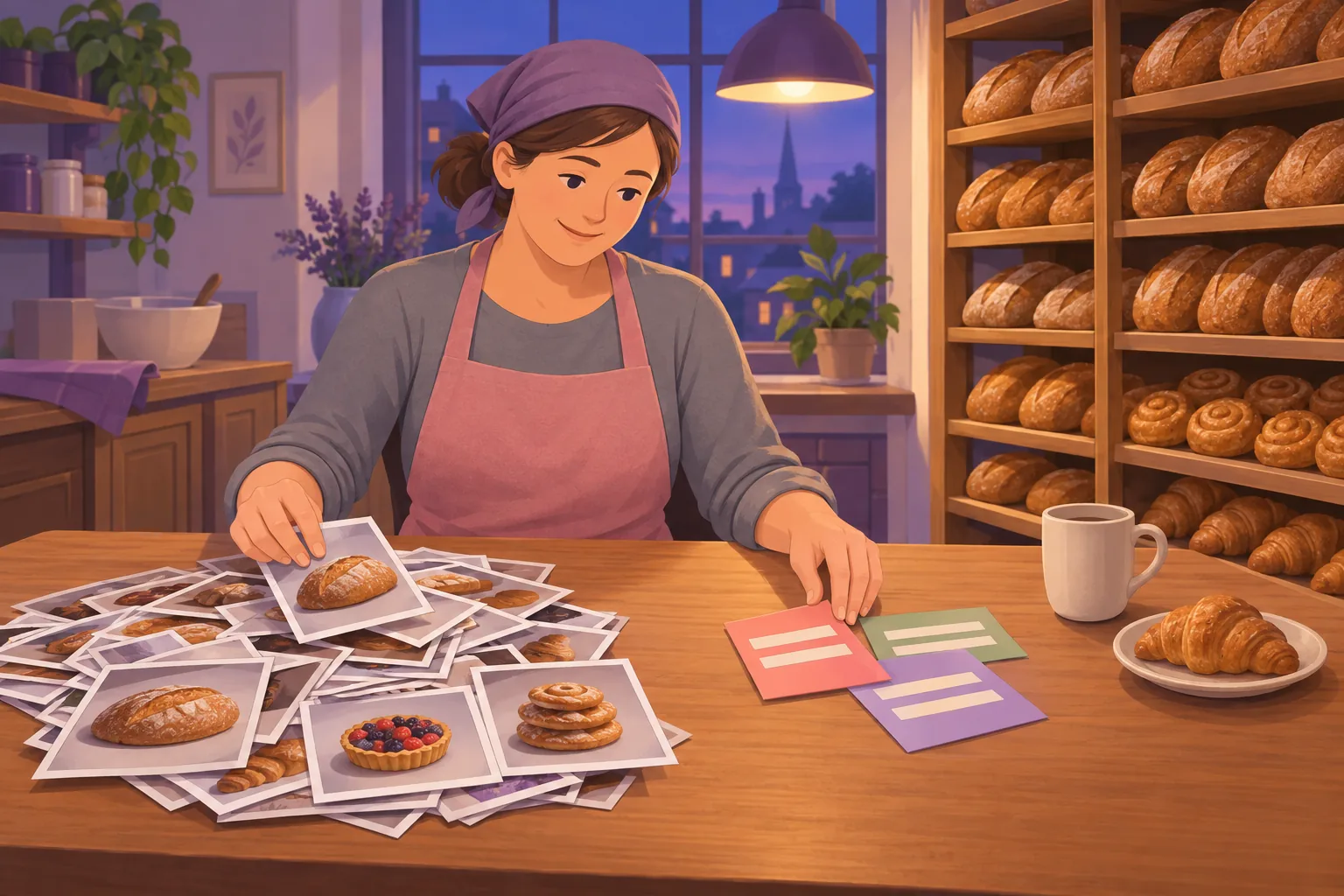 Bakery owner at her kitchen table sorting printed photos into a keep pile and a smaller set-aside pile of solid-colour cards