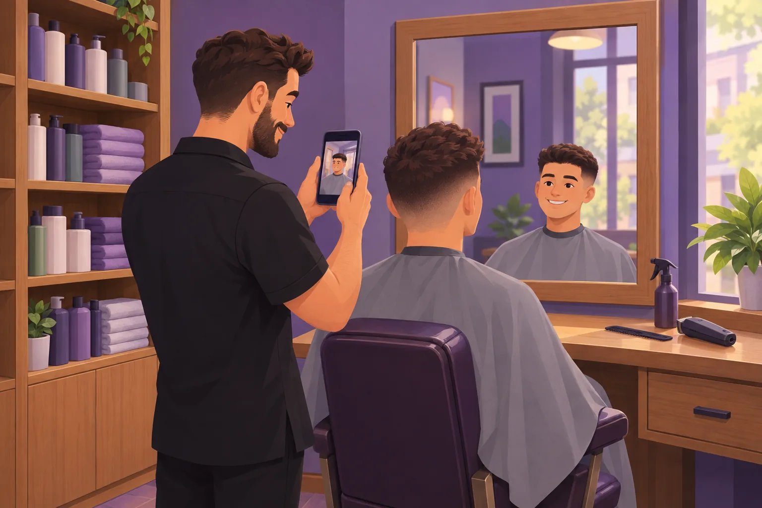 Barber photographing a finished haircut in the mirror on his phone, the client smiling in the chair