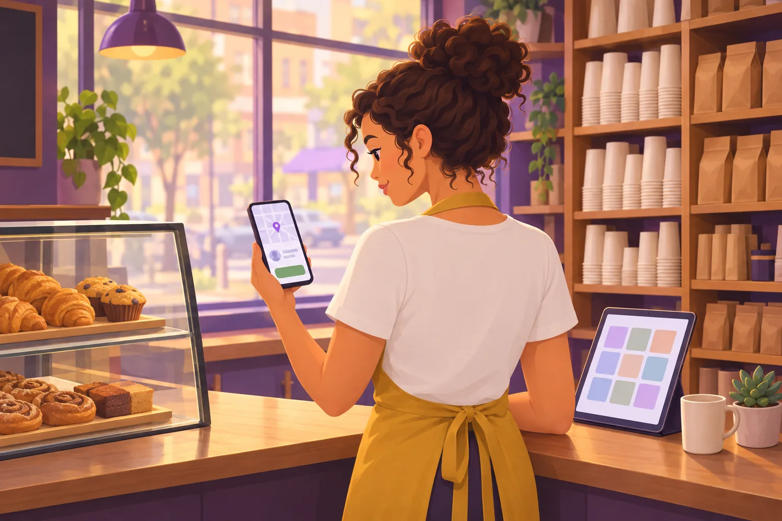 Coffee shop owner at her counter with her phone showing a map listing and a propped tablet showing a photo grid