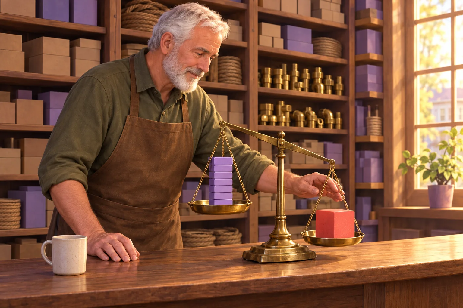 Hardware store owner at his counter balancing a single coral block against a stack of lavender blocks on an old brass scale