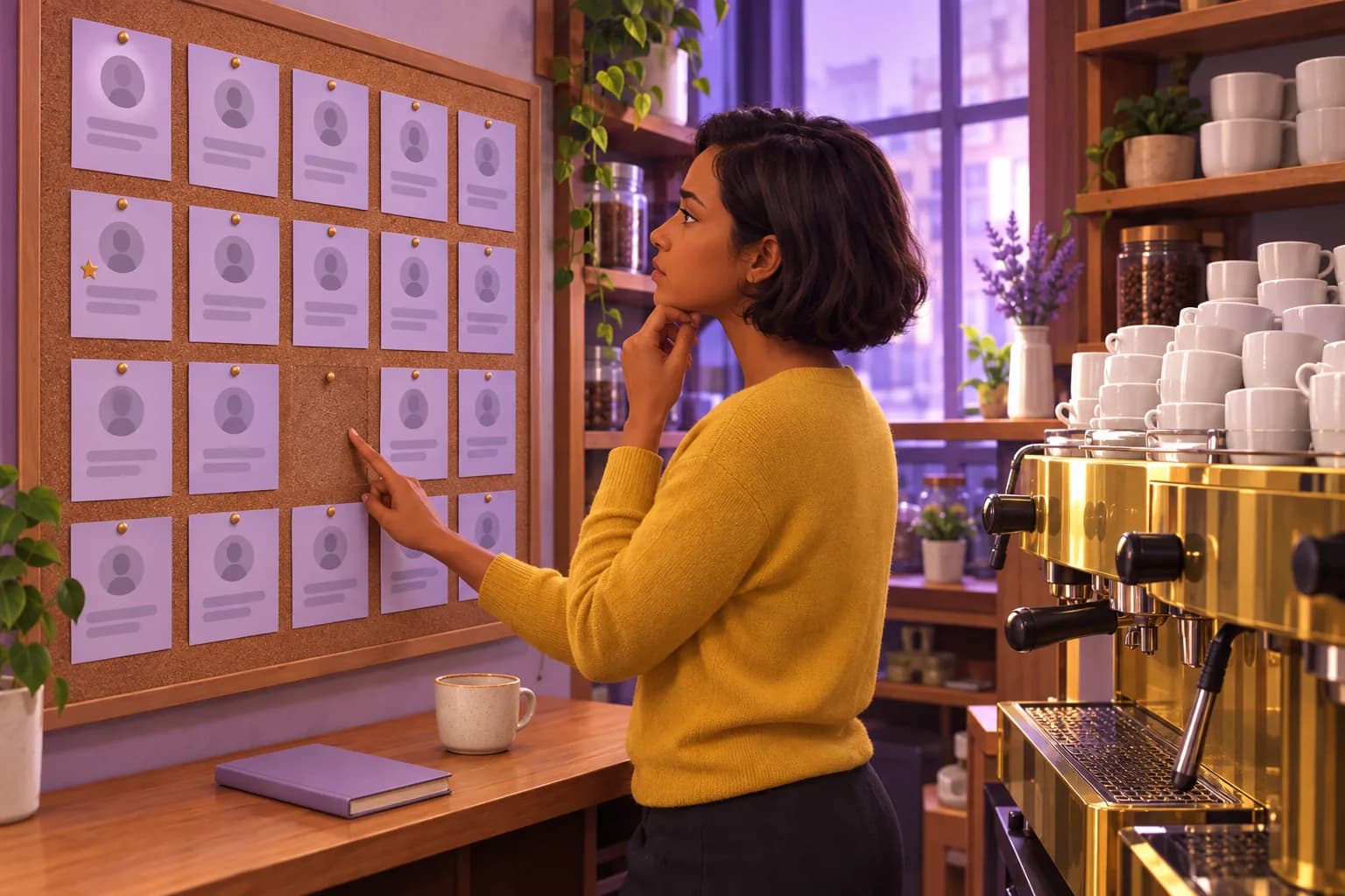 Cafe owner puzzling over a cork board of pinned review cards where one card has gone, leaving only a pin