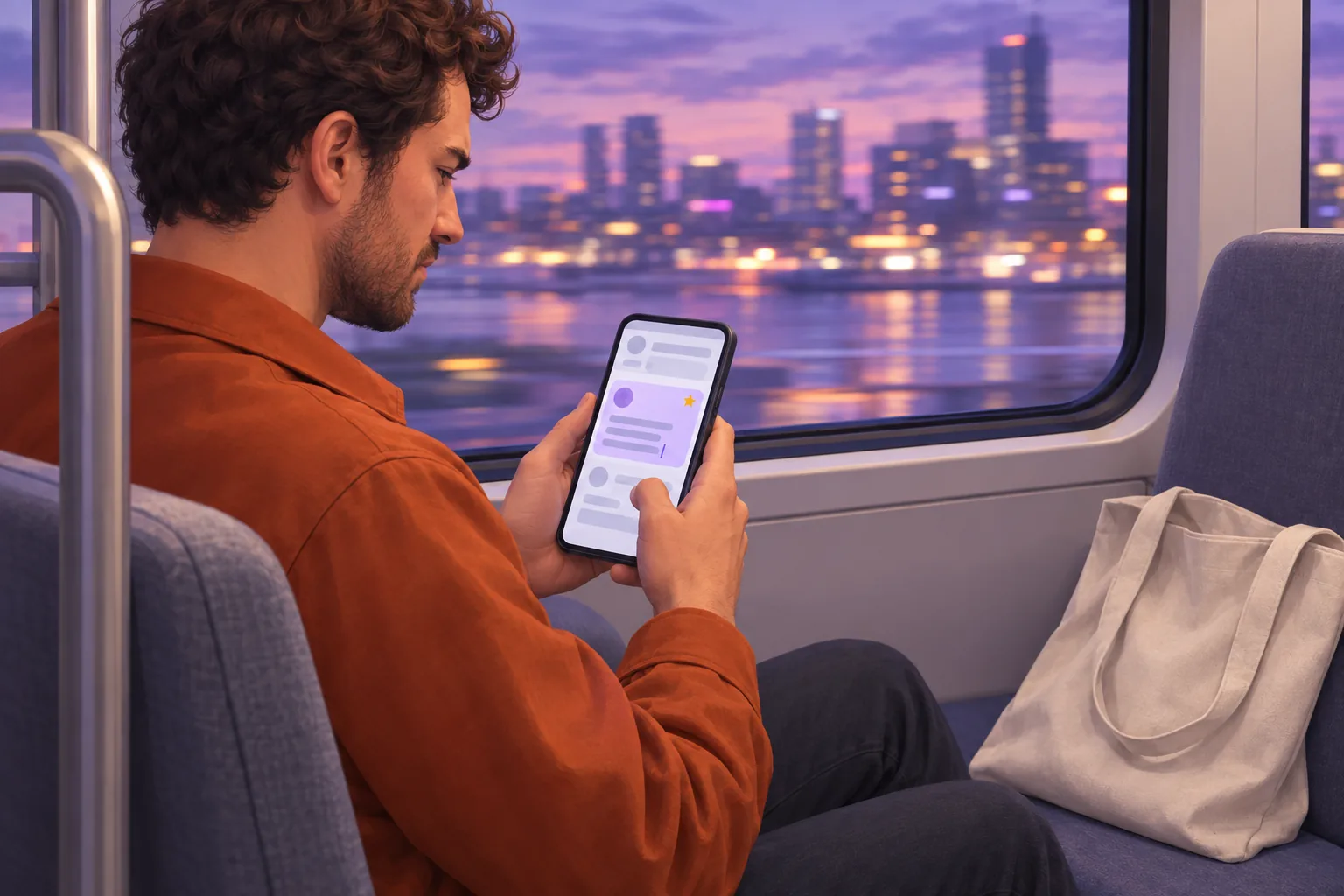 Man on a train editing a review on his phone, his expression souring as he changes it
