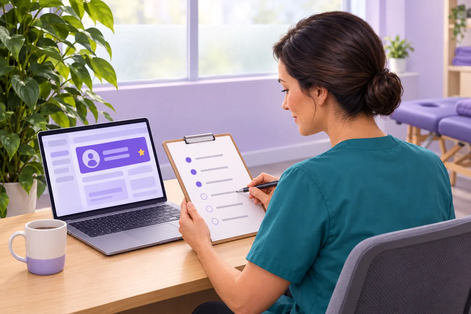 Physiotherapist at her desk ticking through a printed checklist beside her laptop, calm and methodical