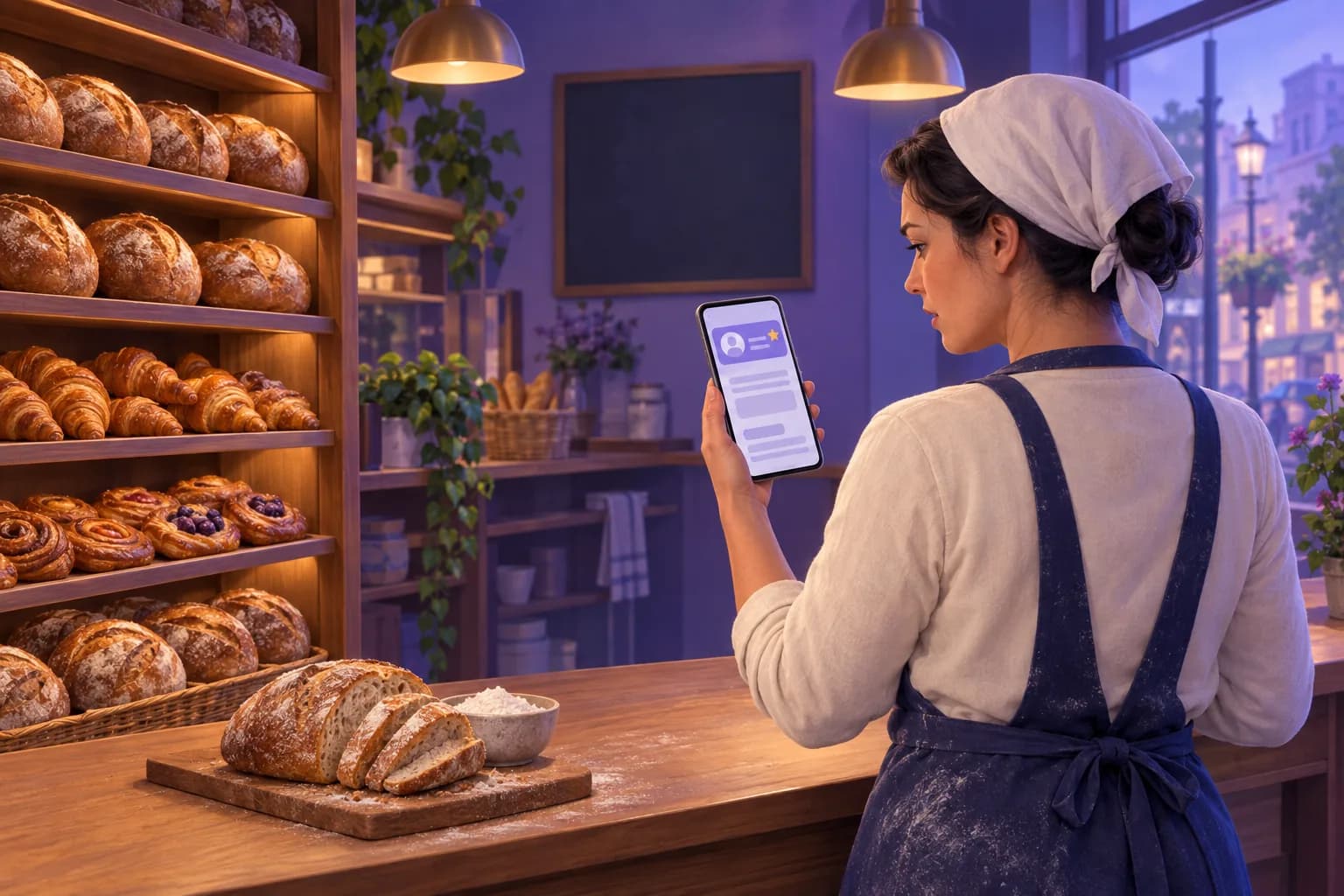 Bakery owner at her counter before opening, frowning at her phone over her shoulder as she checks her Google rating