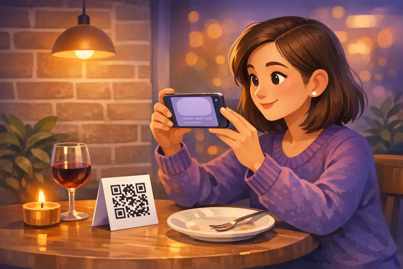 Customer at a restaurant table pointing her phone camera at a table tent with a review QR code