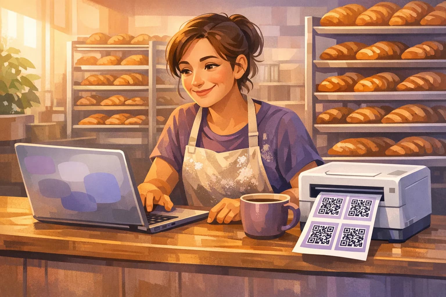 Bakery owner at her laptop as a printer beside her feeds out a sheet of branded review QR code counter cards