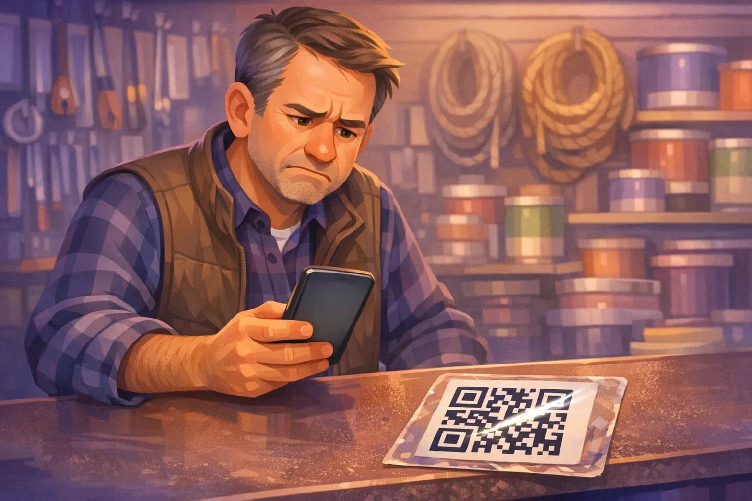 Customer frowning at his phone as it fails to read a faded, glare-covered review QR code sticker on a shop counter