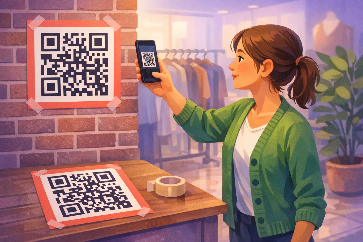 Shop owner holding her phone at arm's length toward a freshly printed review QR code poster on the wall, checking that it scans