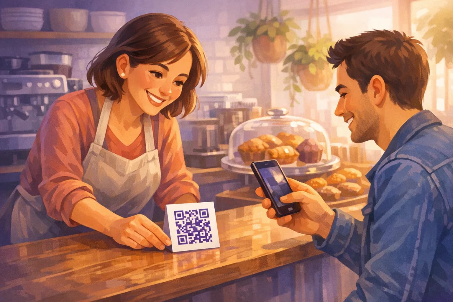 Cafe owner setting a printed Google review QR code card by the register as a customer scans it