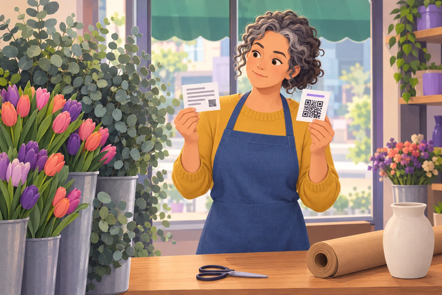 Florist at her counter comparing two printed review cards, one crowded with lines around a small code and one with a single line above a large code