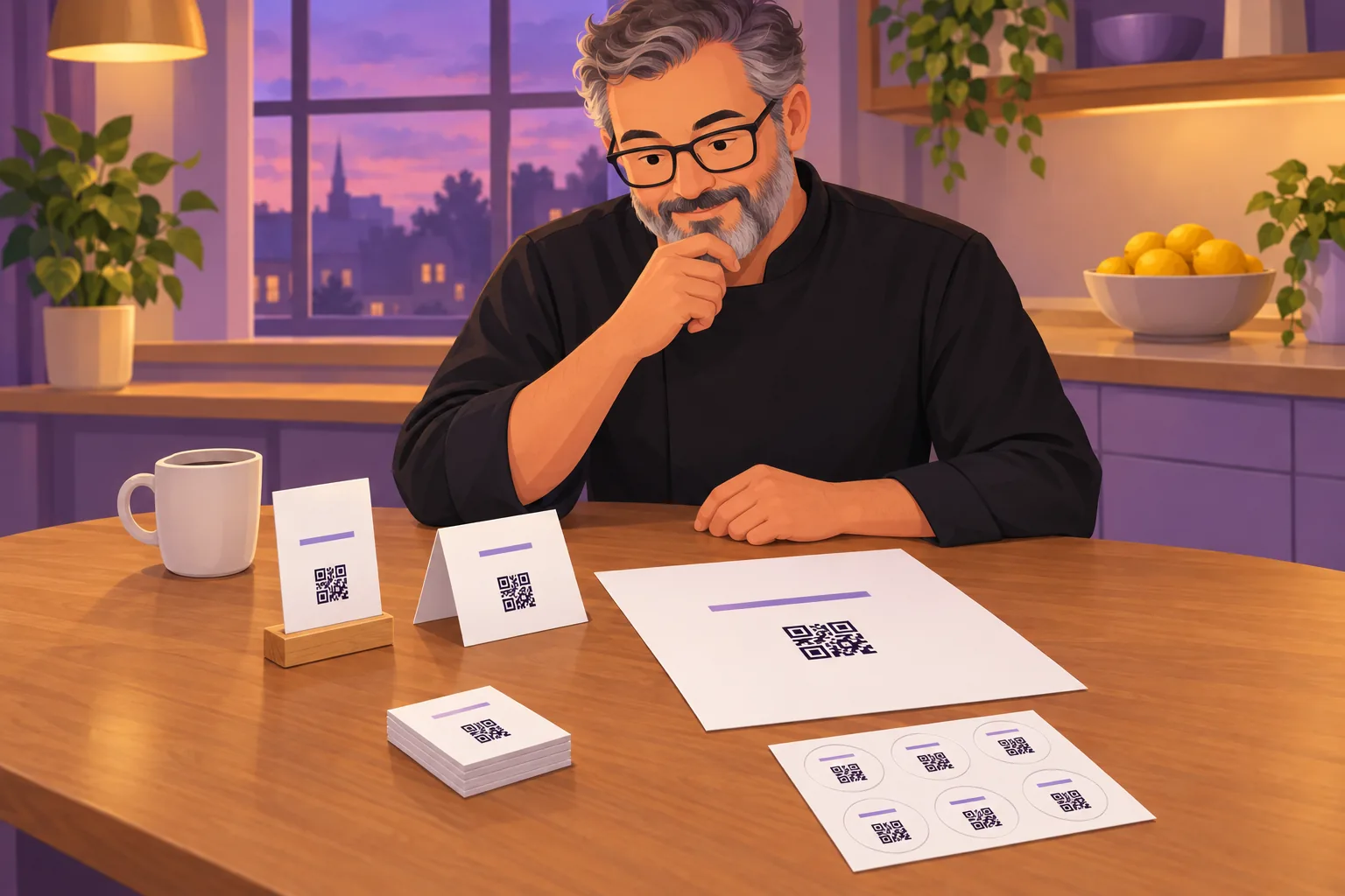 Restaurant owner at a kitchen table choosing between a counter card, a folded table tent, a poster sheet, a stack of business cards, and a sheet of stickers