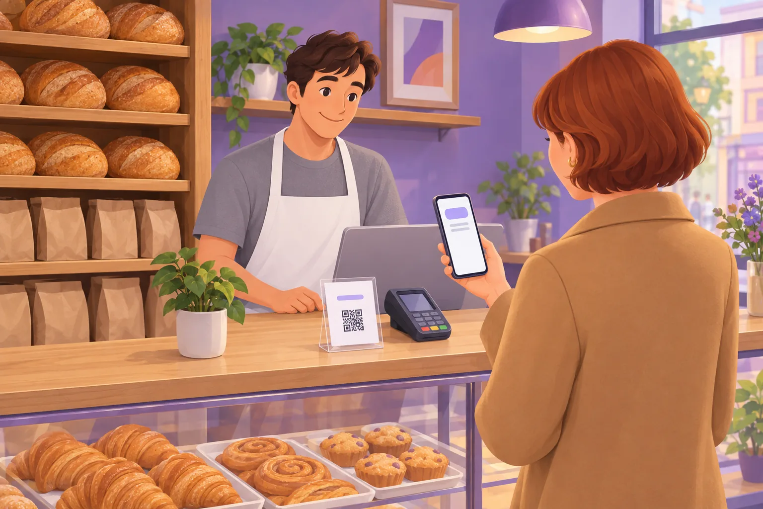 Customer at a bakery counter holding her phone upright over a small acrylic review stand while the cashier watches