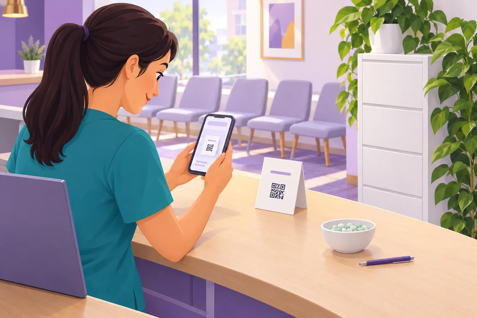 Dental receptionist leaning over the front desk to scan a printed review card from the patient's side with her phone