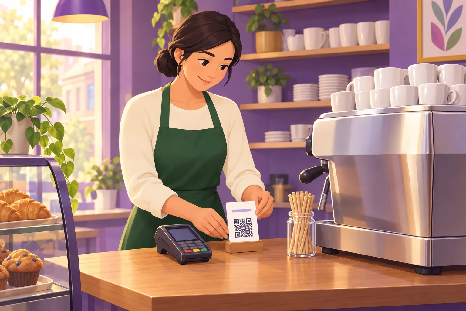 Cafe owner standing a small printed review QR code card beside the card reader on her counter