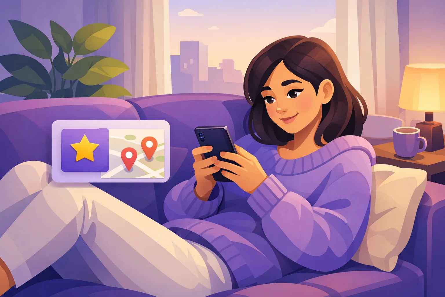 Prospective customer on a couch searching for a local business on her phone, a review card with a gold star beside a map