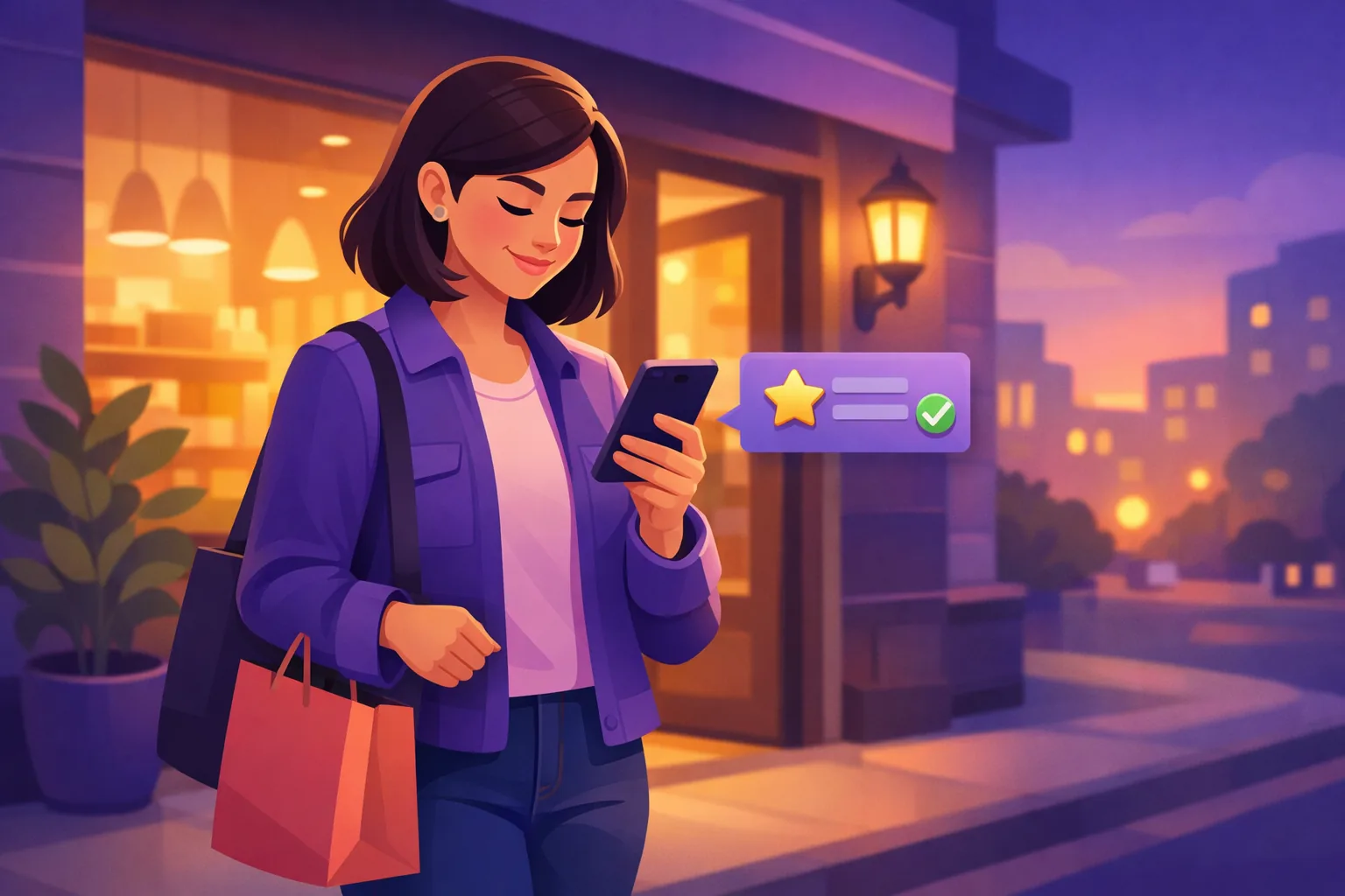Shopper outside a store reassured by a glowing review card with a single gold star on her phone before going in