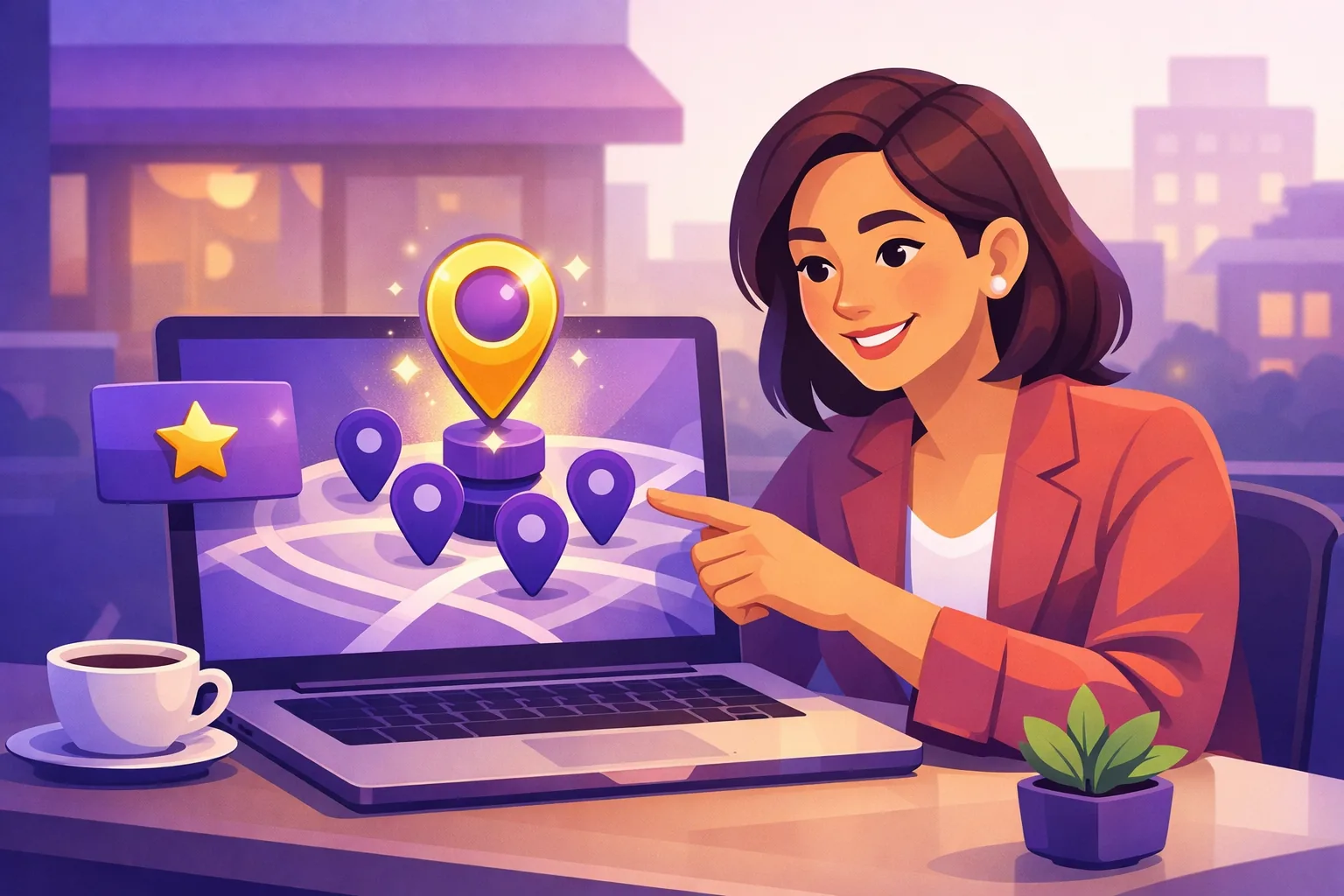 Business owner at a laptop watching her shop rise toward the top of a map of location pins