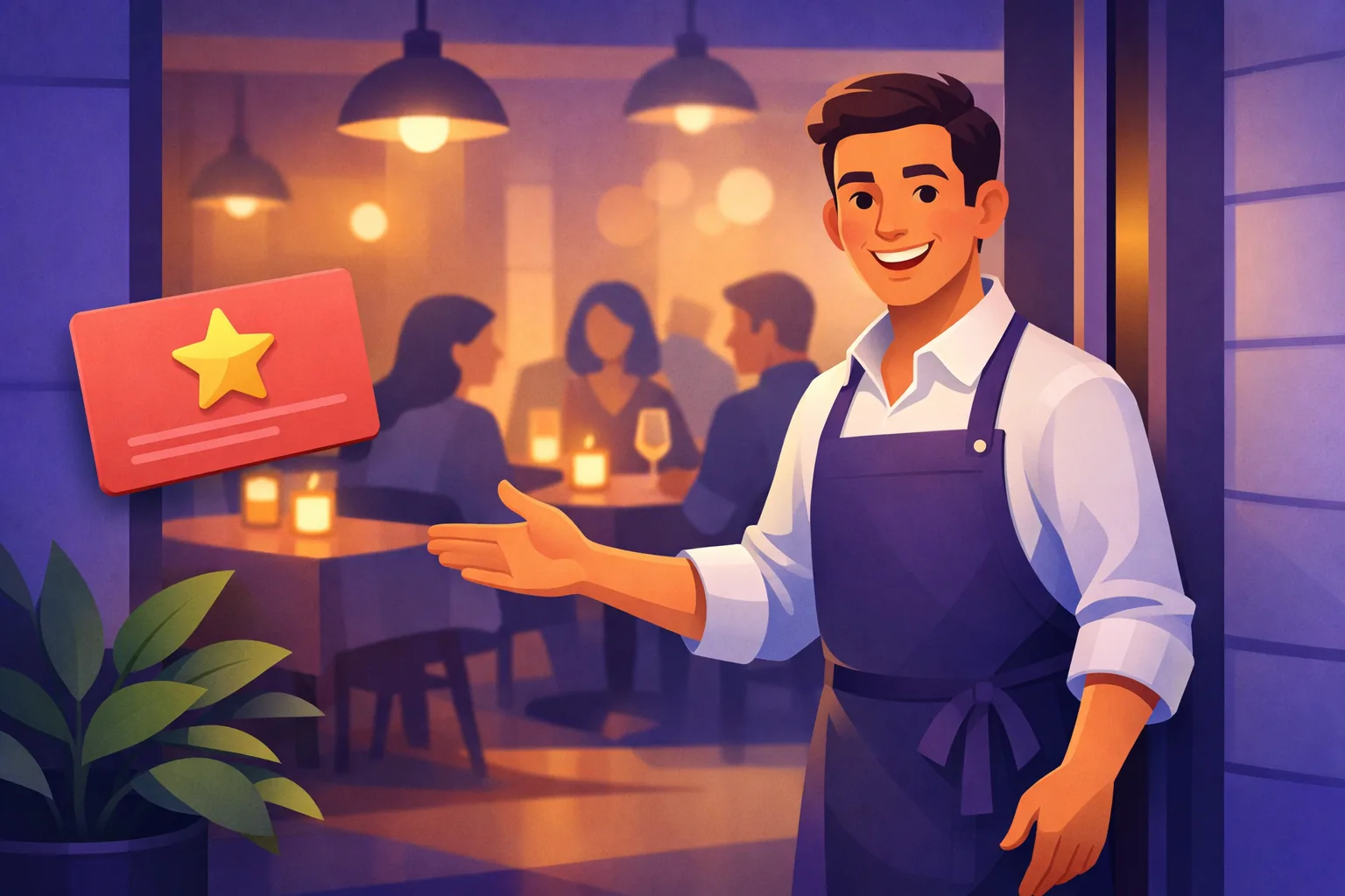 Restaurant host warmly greeting guests at the door of a busy dining room in the evening