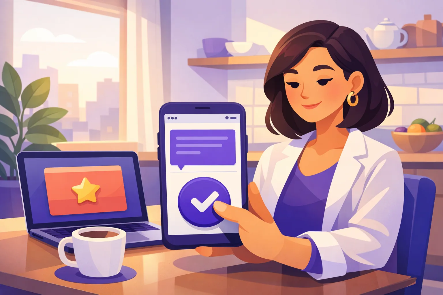 Relaxed owner approving a Google reply on her phone while a laptop shows a Yelp reply ready to paste