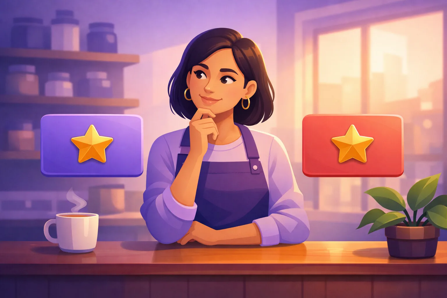 Small business owner at her counter weighing a Google review card against a Yelp review card, deciding where to focus