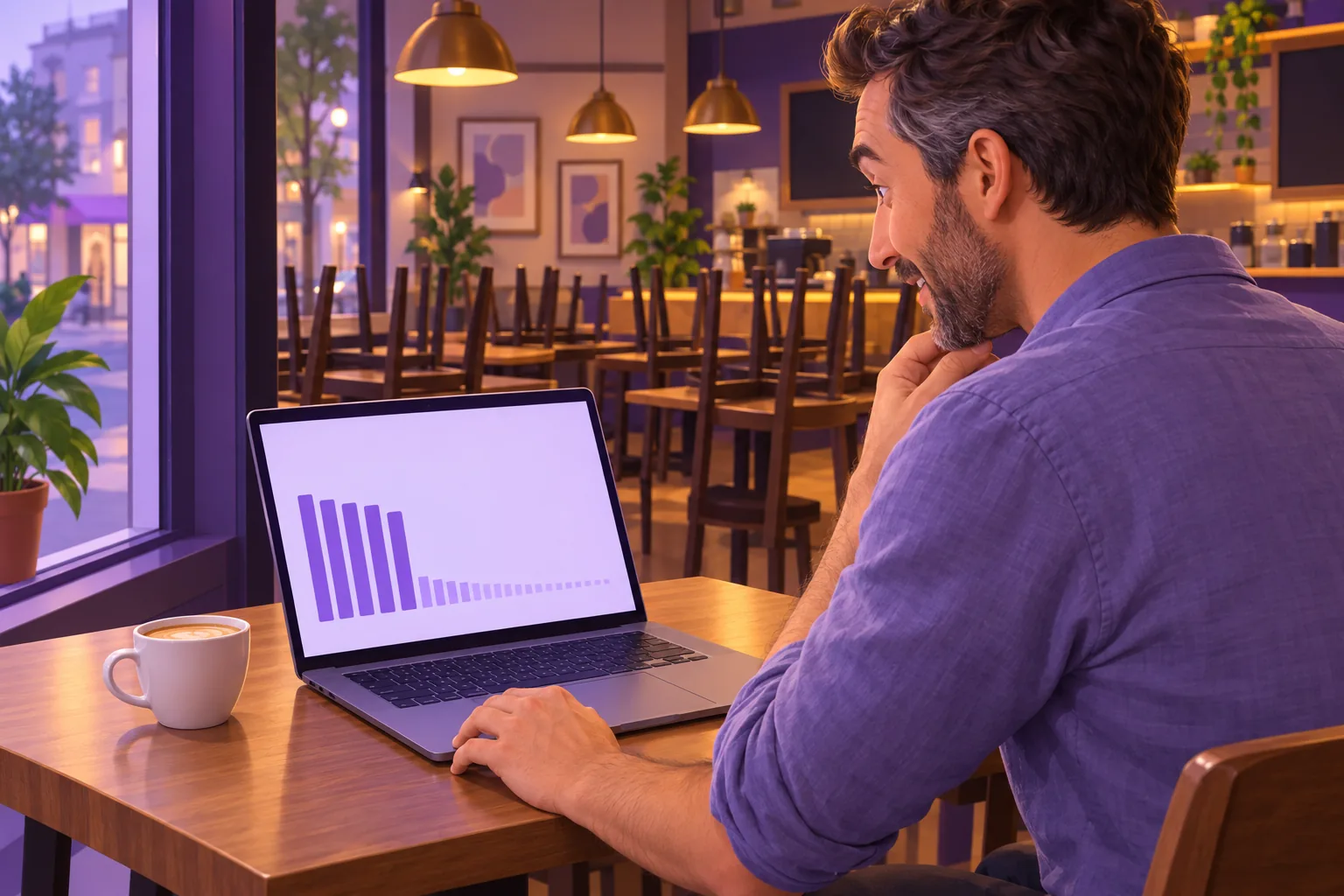 Cafe owner sitting at a window table after closing, reading a laptop that shows a short bar chart with a few tall bars and a long tail of tiny ones