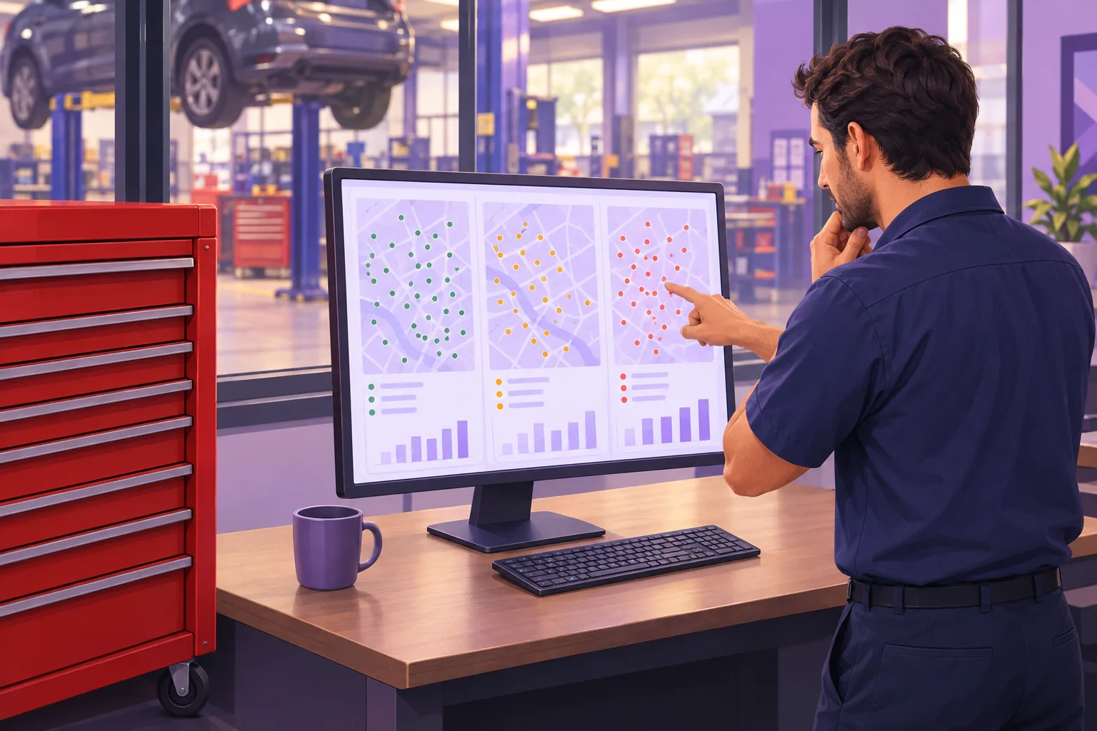 Auto shop owner in his glass-walled office pointing at one of three map panels on a large monitor, workshop blurred behind him