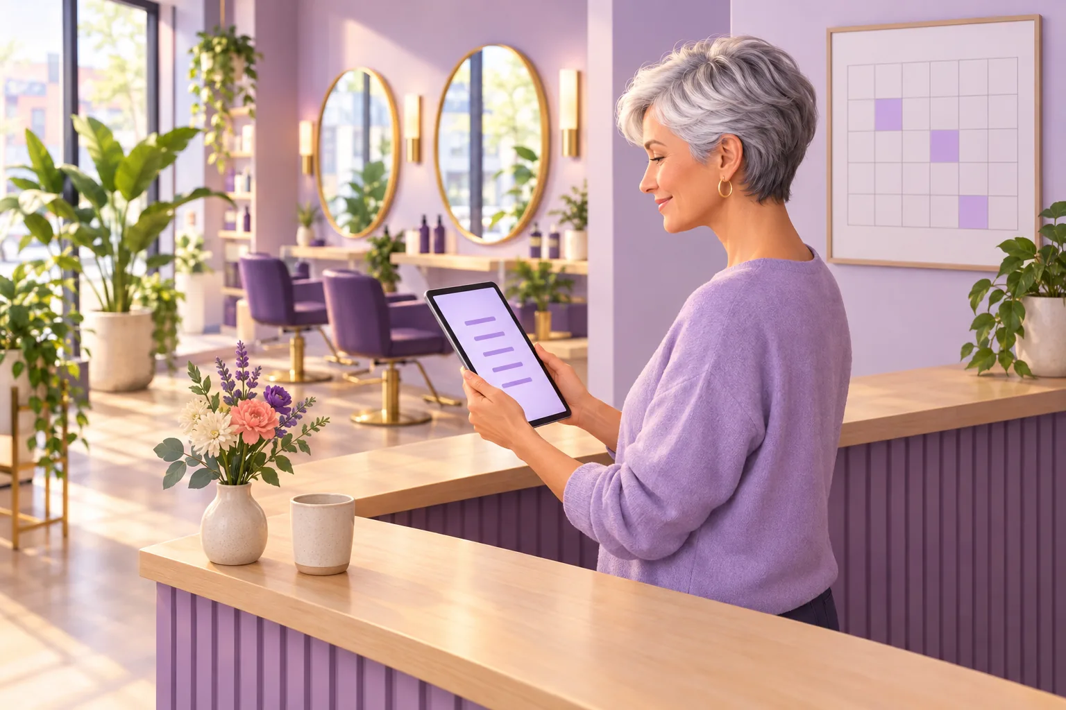 Salon owner at her reception desk on a calm morning, calendar on the wall behind her, reviewing a tablet with a relaxed smile