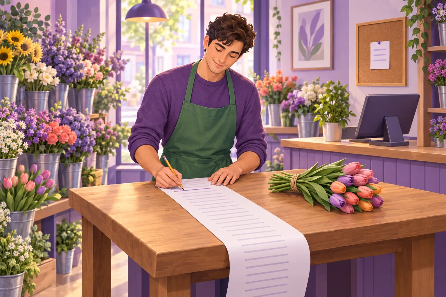 Young florist crossing items off a long paper list while a short tidy list sits pinned on a corkboard by the register
