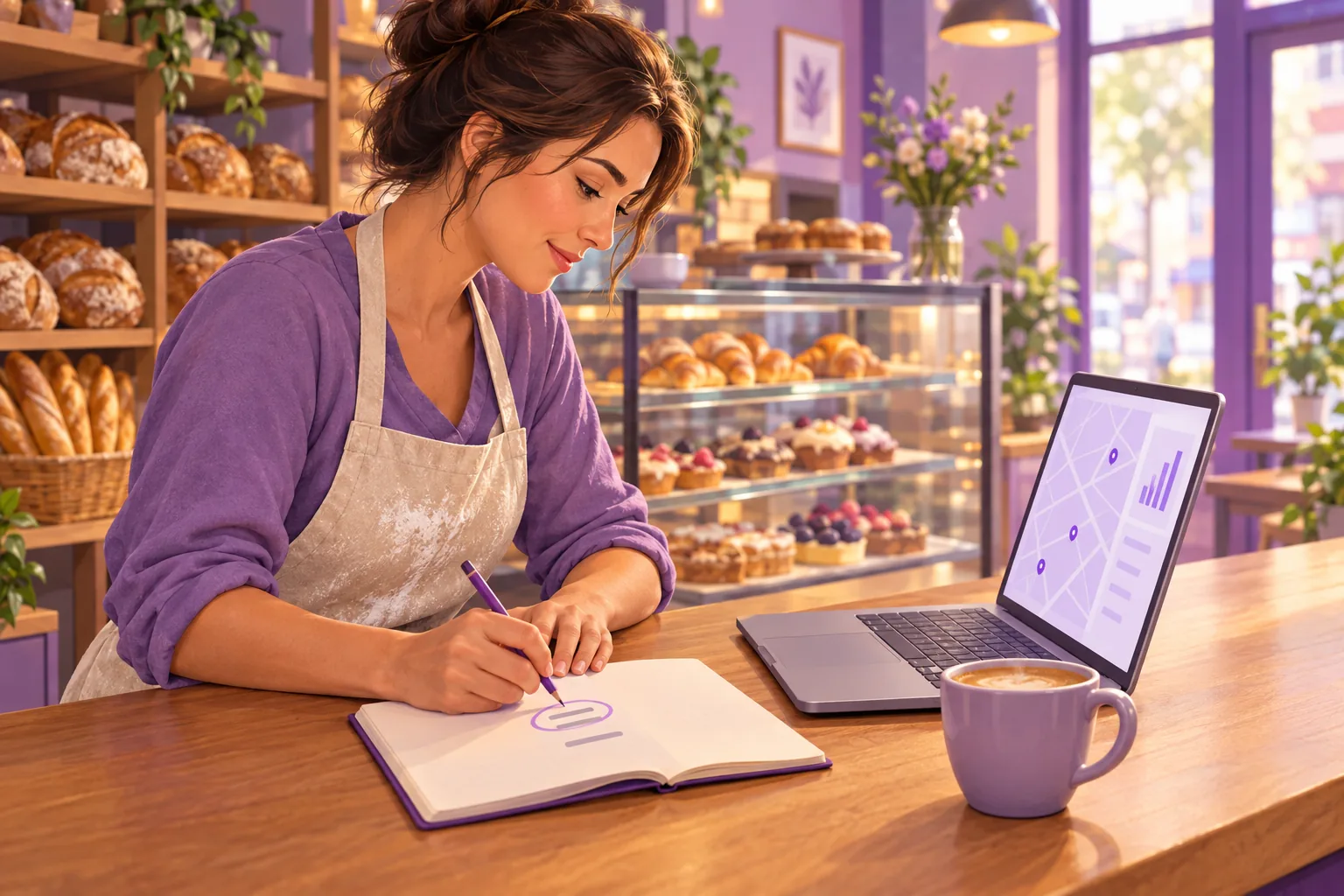 Bakery owner at her counter circling a short list of priorities in a notebook next to a laptop map