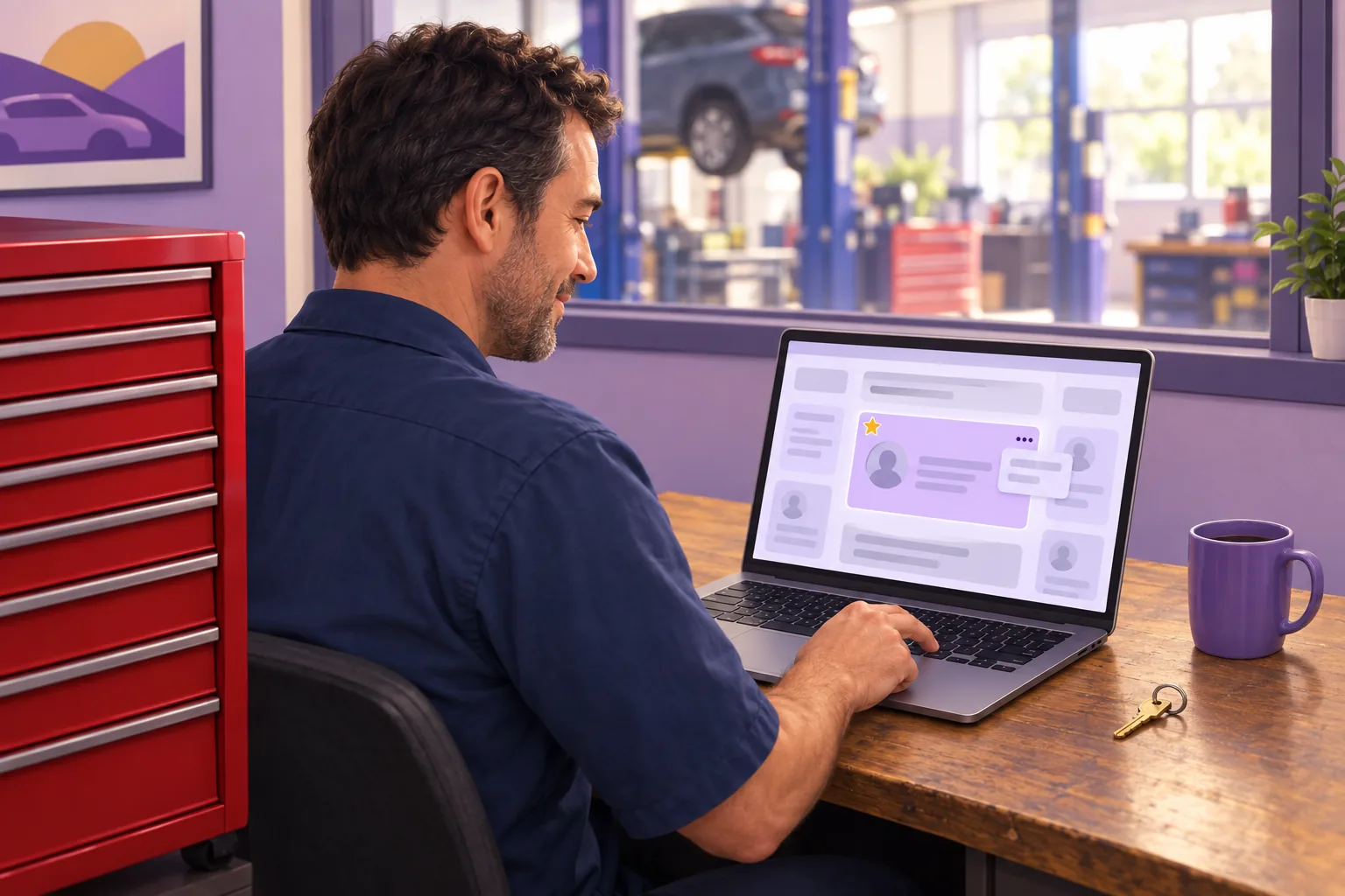 Mechanic at his shop desk opening the three-dot menu on a review card to report it