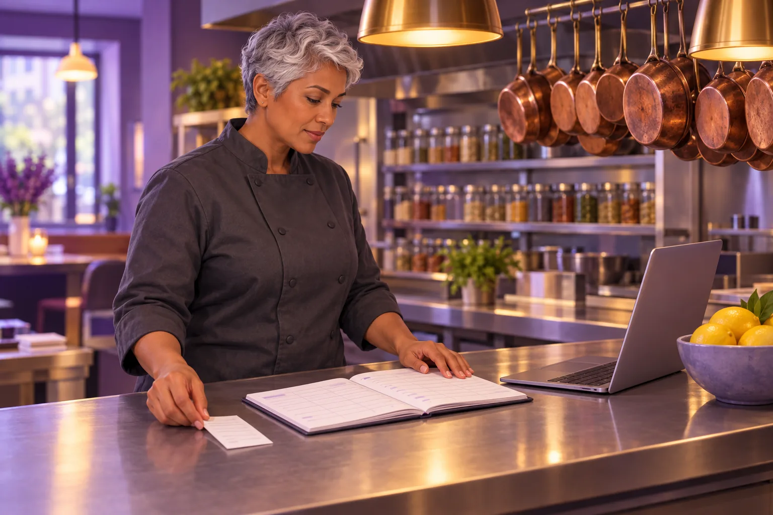 Restaurant owner at the kitchen pass laying out her appointment book and a receipt beside her laptop to build a report