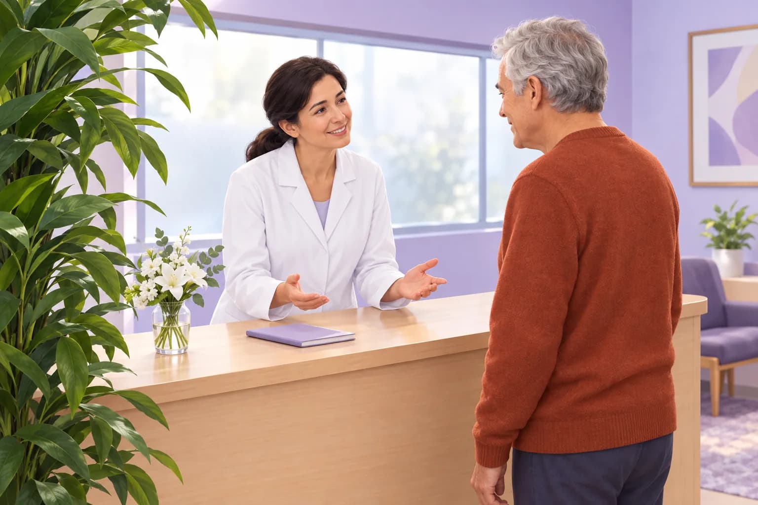 Dentist talking calmly with a customer at the reception desk as a misunderstanding is cleared up