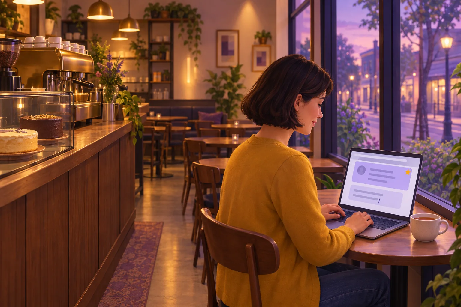 Cafe owner at a window table after closing, typing a calm reply beneath a review card on her laptop