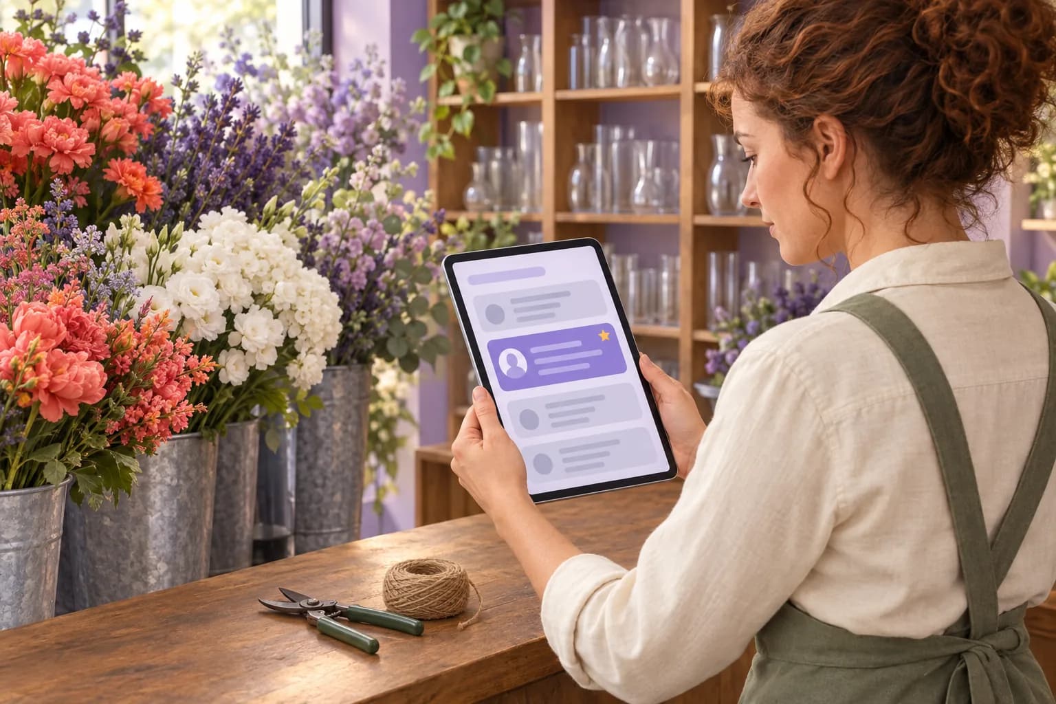 Florist reading a harsh Yelp review on her tablet at the shop counter, deciding whether to report it