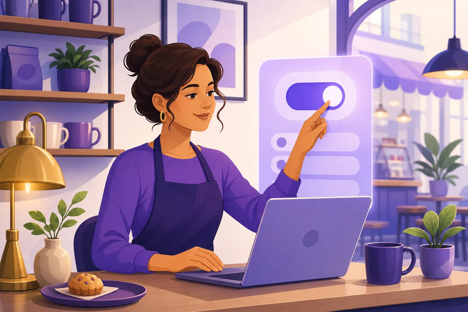 Cafe owner in a back office calmly switching on the Recommendations setting for her Facebook Page on a laptop