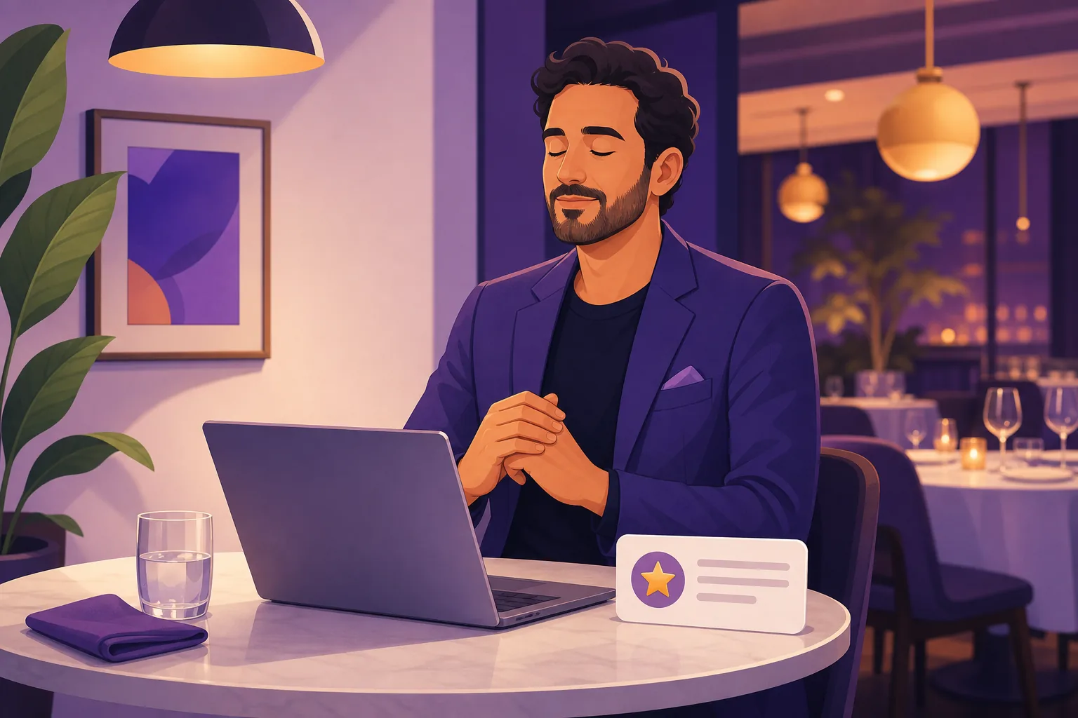 Composed restaurant owner taking a breath before replying to a critical recommendation on a laptop at a quiet table