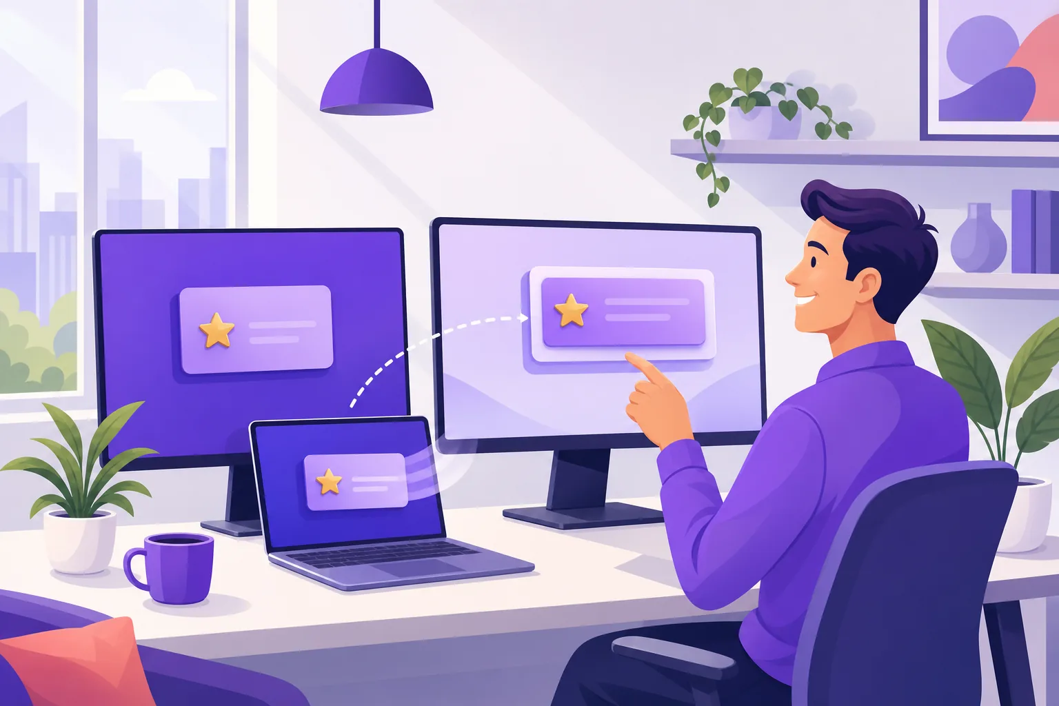 Business owner moving a finished reply from a writing tool into Facebook on a second screen in a bright workspace