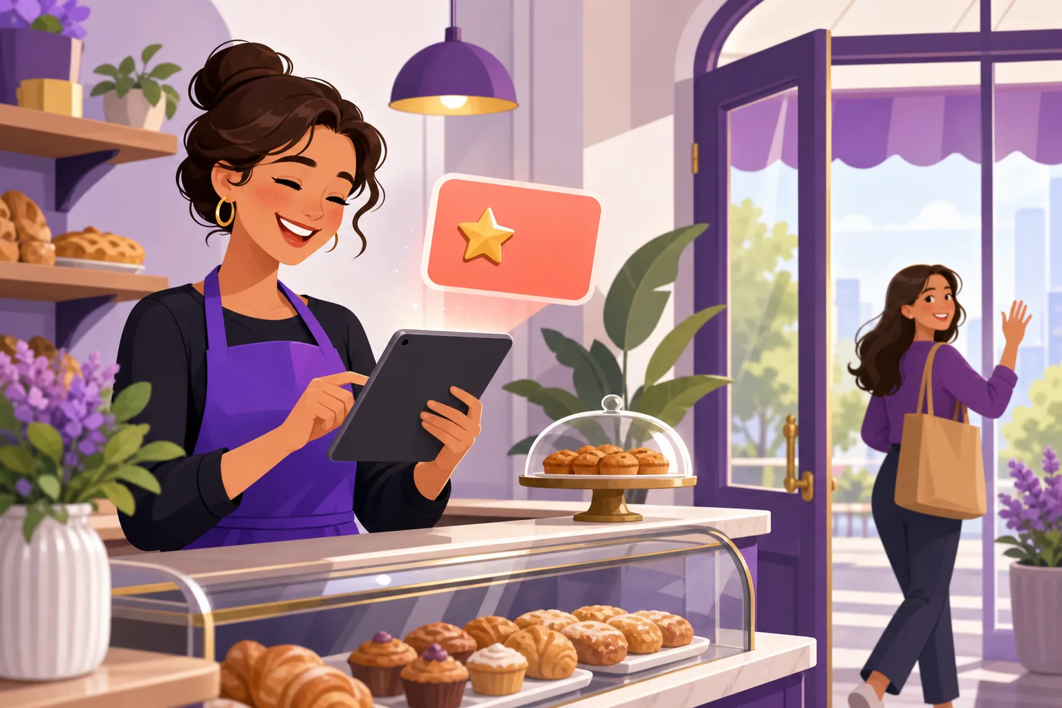 Smiling bakery owner replying warmly to a happy recommendation on a tablet while a customer waves goodbye