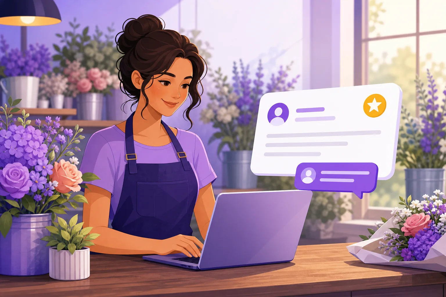 Friendly florist behind the shop counter smiling as she replies to a Facebook recommendation on her laptop