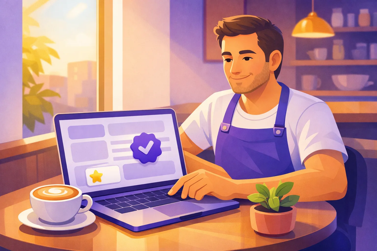 Cafe owner at a corner table claiming his free TripAdvisor listing on a laptop in soft morning light