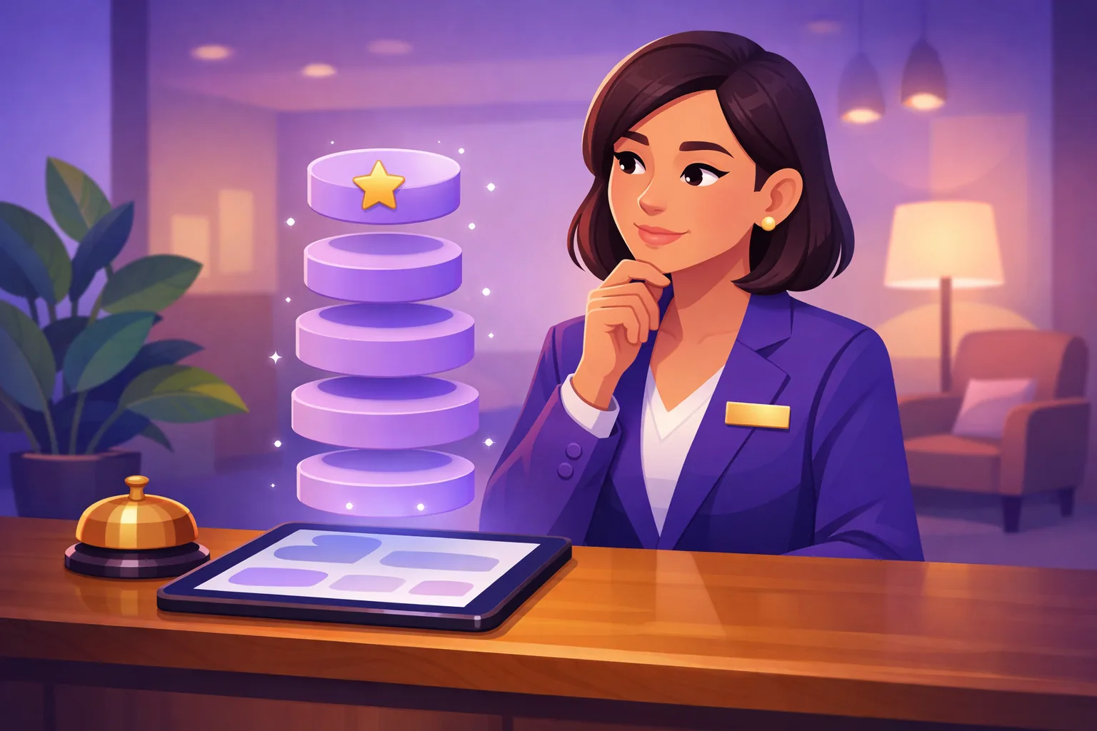 Hotel manager at a warm front desk studying a rising stack of round review tokens above a tablet