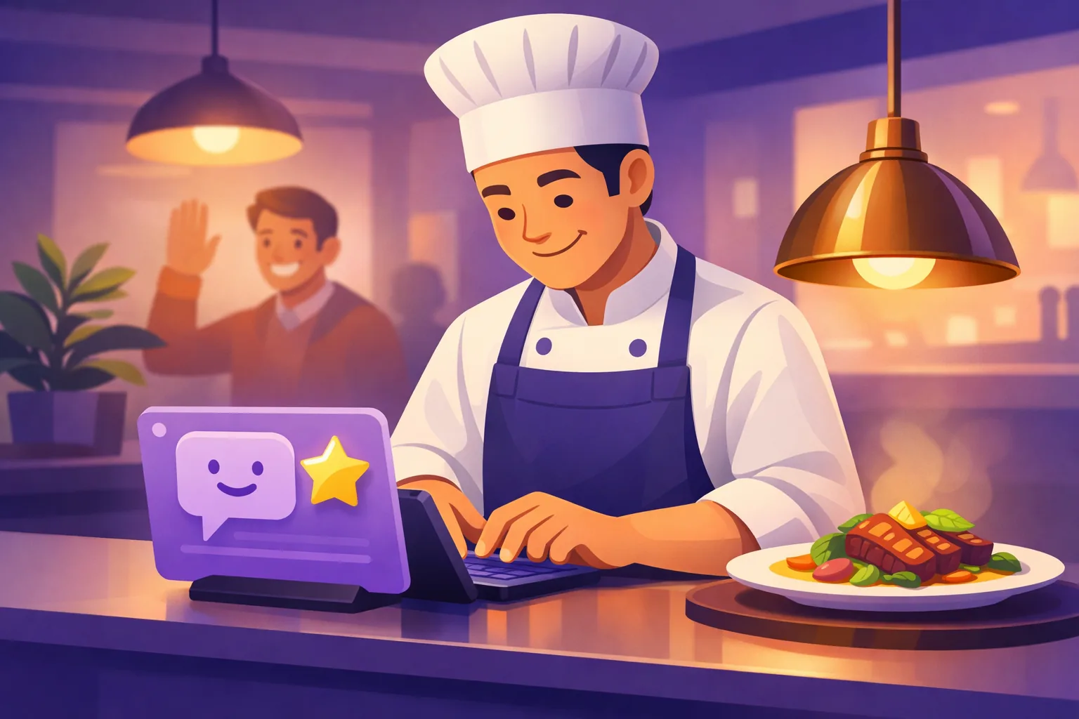 Chef at a service counter warmly typing a reply to a happy review on a tablet while a guest waves goodbye